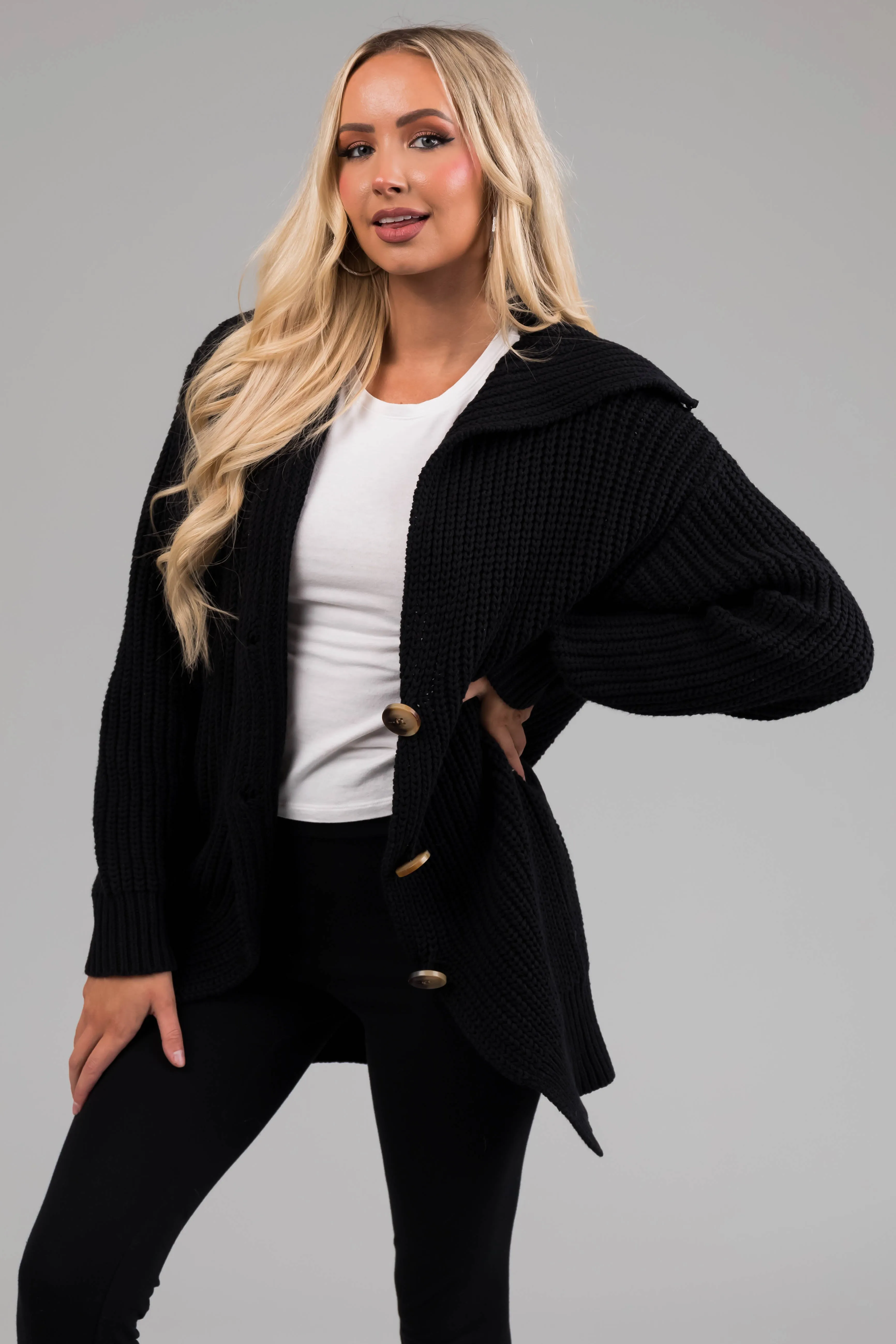 Black Long Sleeve Button Down Knit Cardigan sold by Lime Lush product image thumbnail 4