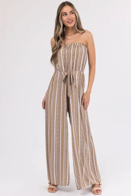 Taupe Printed Strapless Flowy Jumpsuit sold by Lime Lush