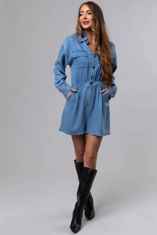 Medium Denim Long Sleeve Button Up Romper sold by Lime Lush