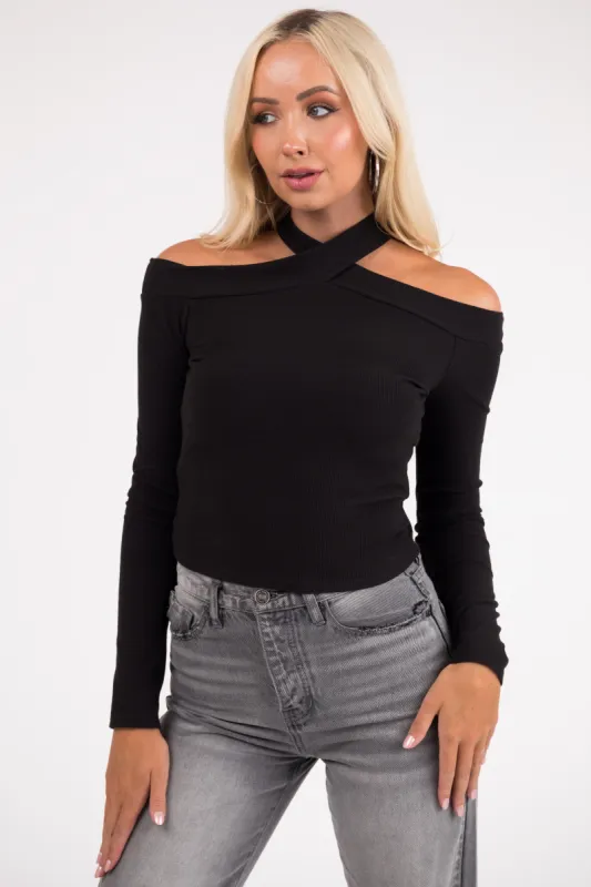 Black Cold Shoulder Long Sleeve Cropped Top sold by Lime Lush