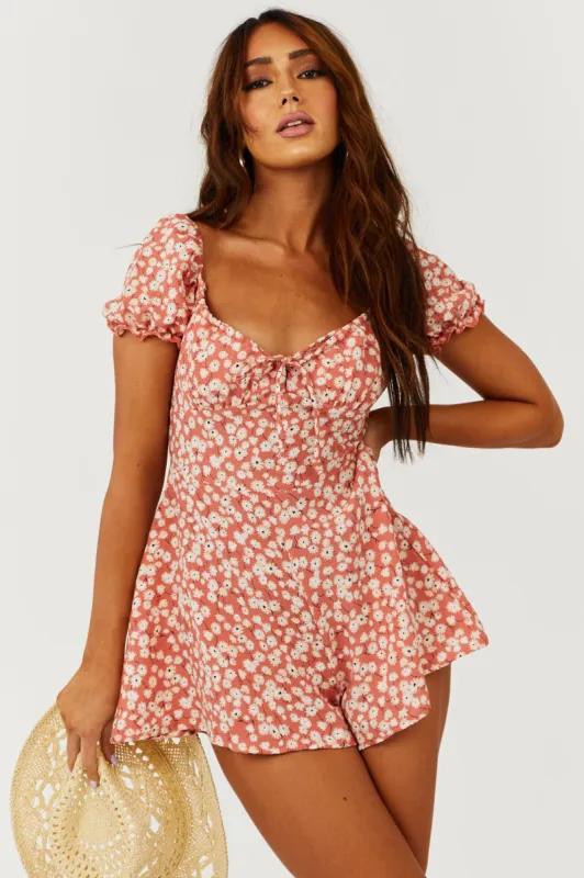 Coral Floral Print Short Sleeve Front Tie Romper made by Timing