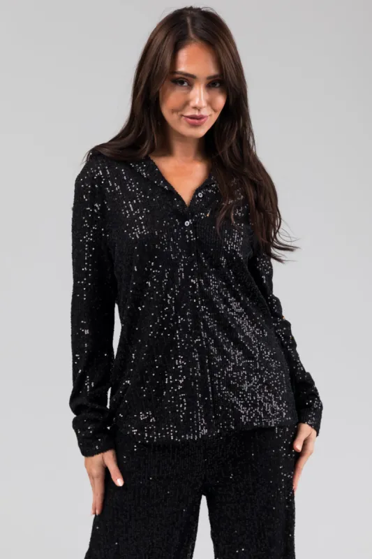 Black Long Sleeve Button Down Sequin Top sold by Lime Lush