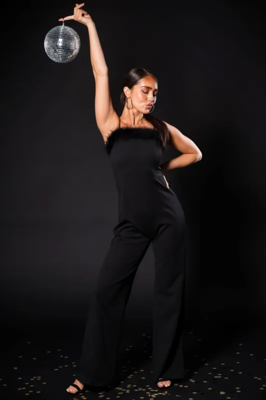 Black Faux Feather Trim Sleeveless Jumpsuit sold by Lime Lush