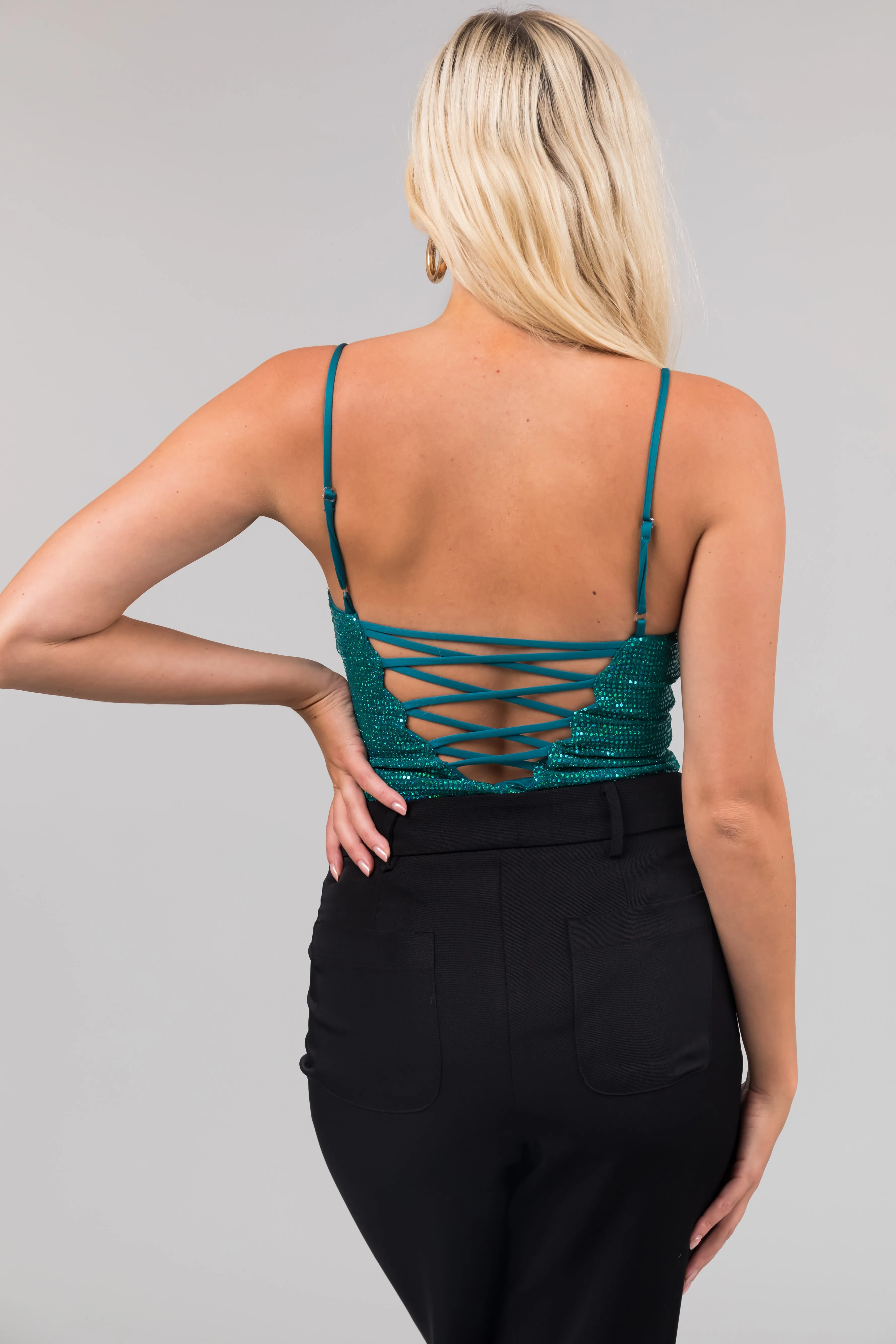 Teal Strappy Back Sequined Bodysuit sold by Lime Lush product image thumbnail 5