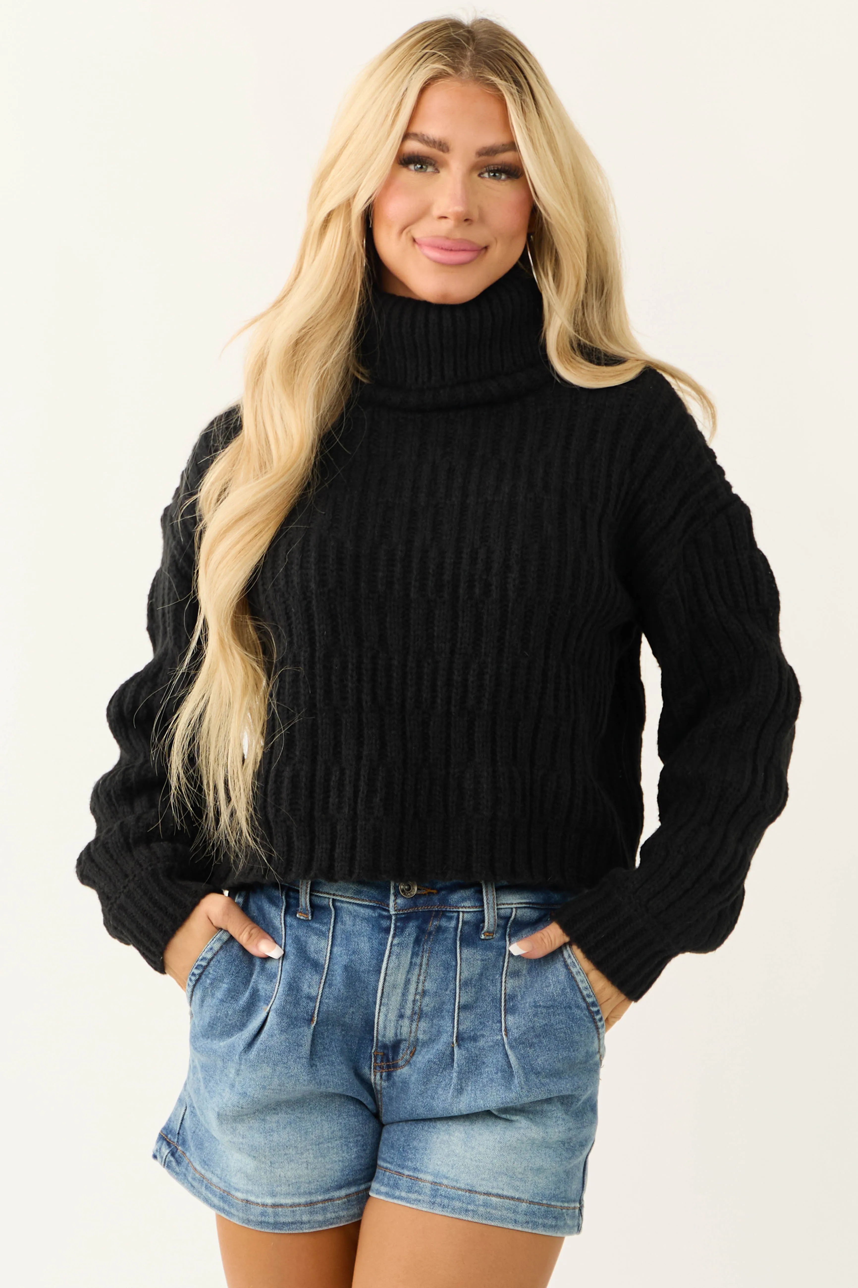 Black Soft Knit Textured Turtleneck Sweater sold by Lime Lush