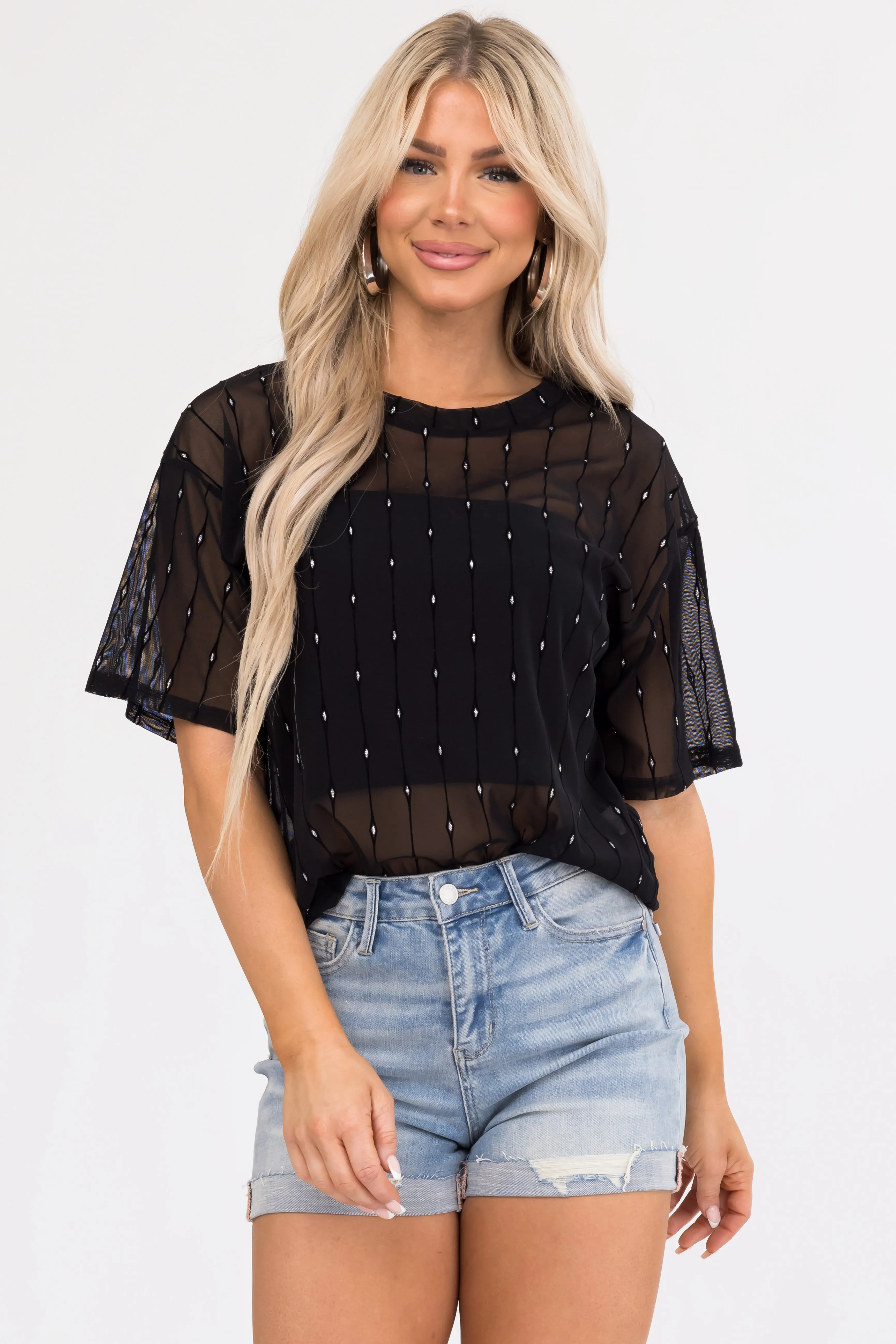 Black Sheer Glitter Accent Half Sleeve Top sold by Lime Lush