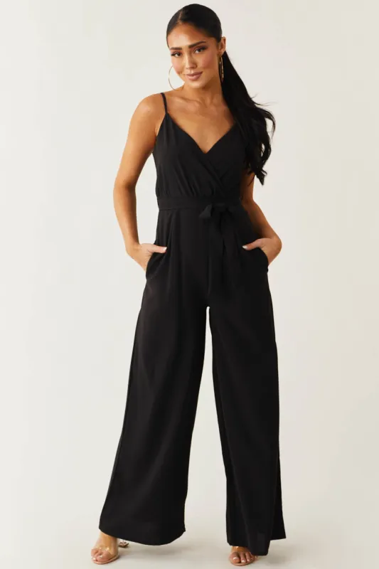 Black Sleeveless Surplice Waist Tie Jumpsuit sold by Lime Lush