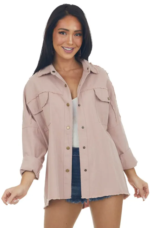 Light Rose Taupe Fraying Button Down Shacket sold by Lime Lush