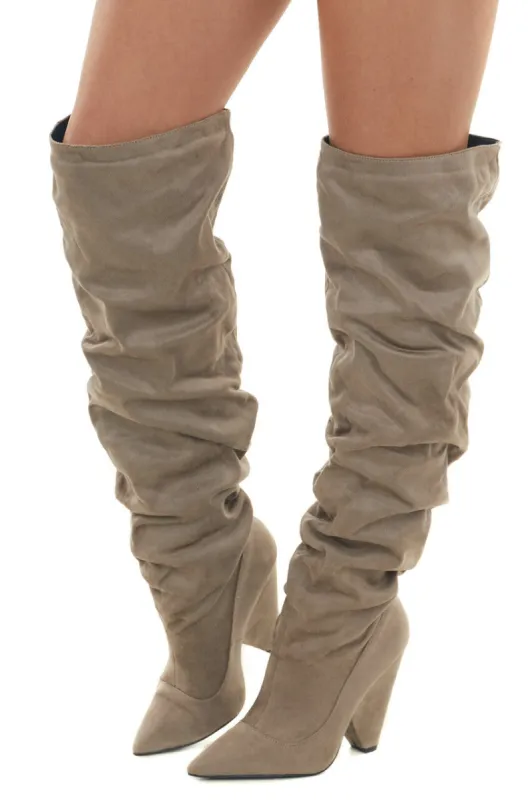 Khaki Suede Knee High Slouchy Heeled Boots sold by Lime Lush