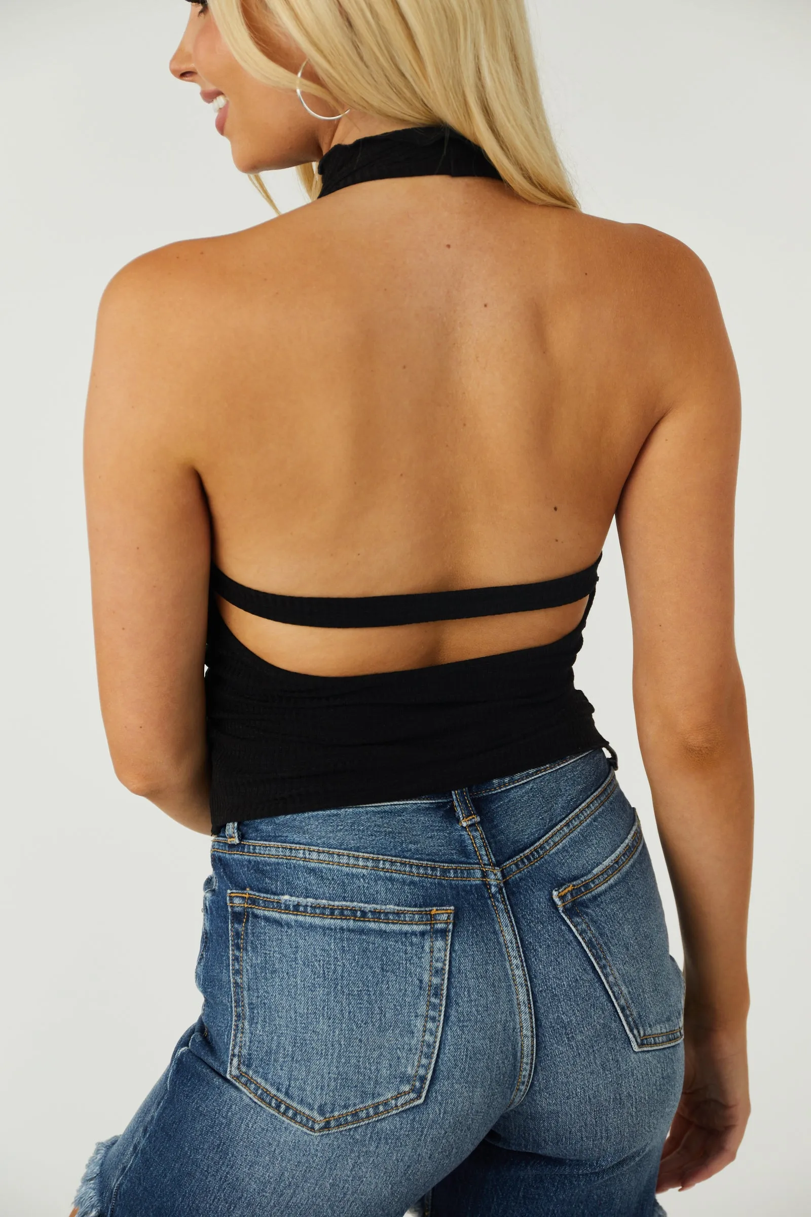 Black Open Back High Halter Neck Ribbed Top sold by Lime Lush product image thumbnail 5