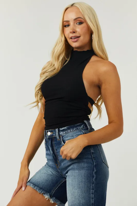 Black Open Back High Halter Neck Ribbed Top sold by Lime Lush
