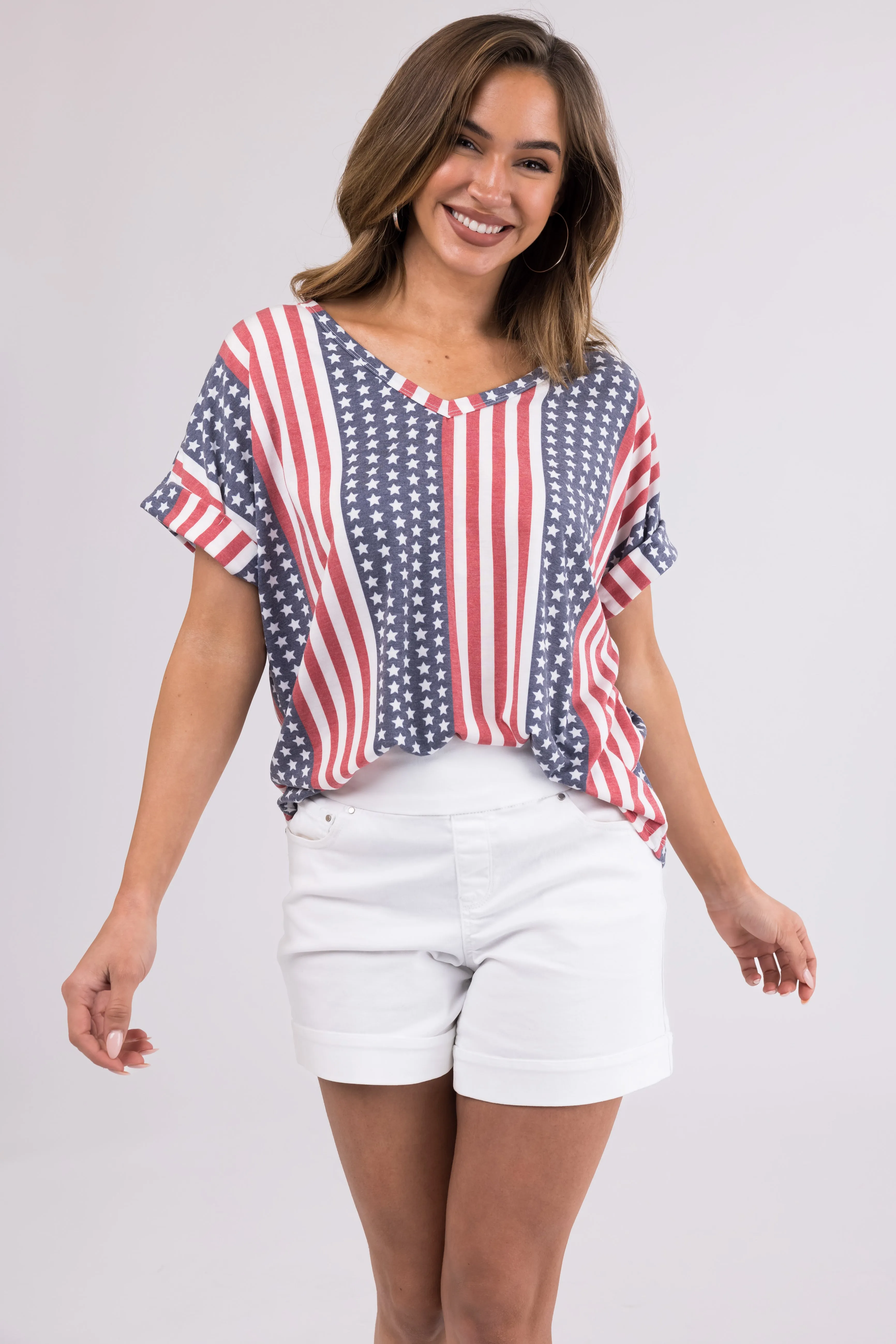 Faded Stars and Stripes V Neck Cuffed Tee Shirt sold by Lime Lush product image thumbnail 2