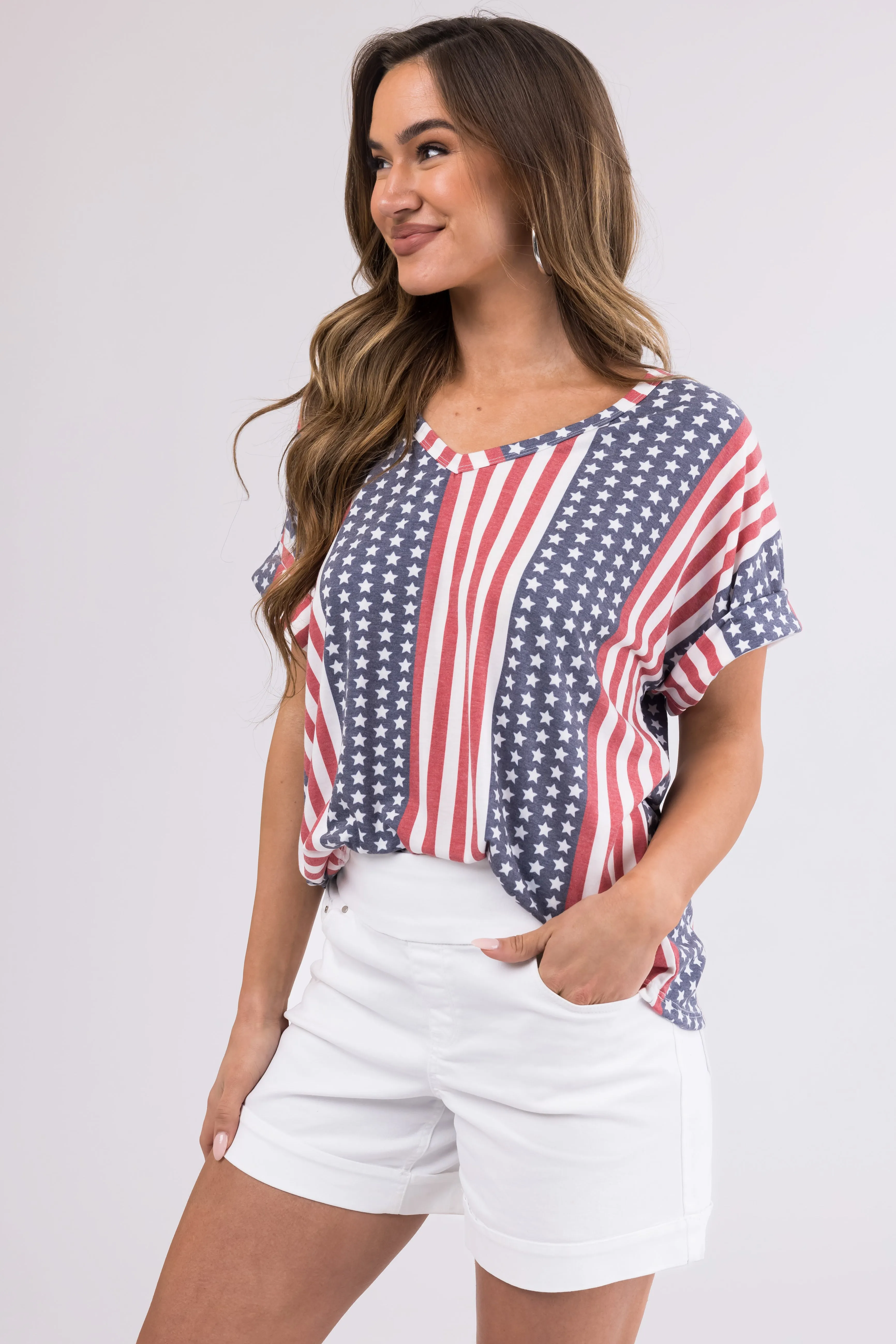Faded Stars and Stripes V Neck Cuffed Tee Shirt sold by Lime Lush product image thumbnail 3