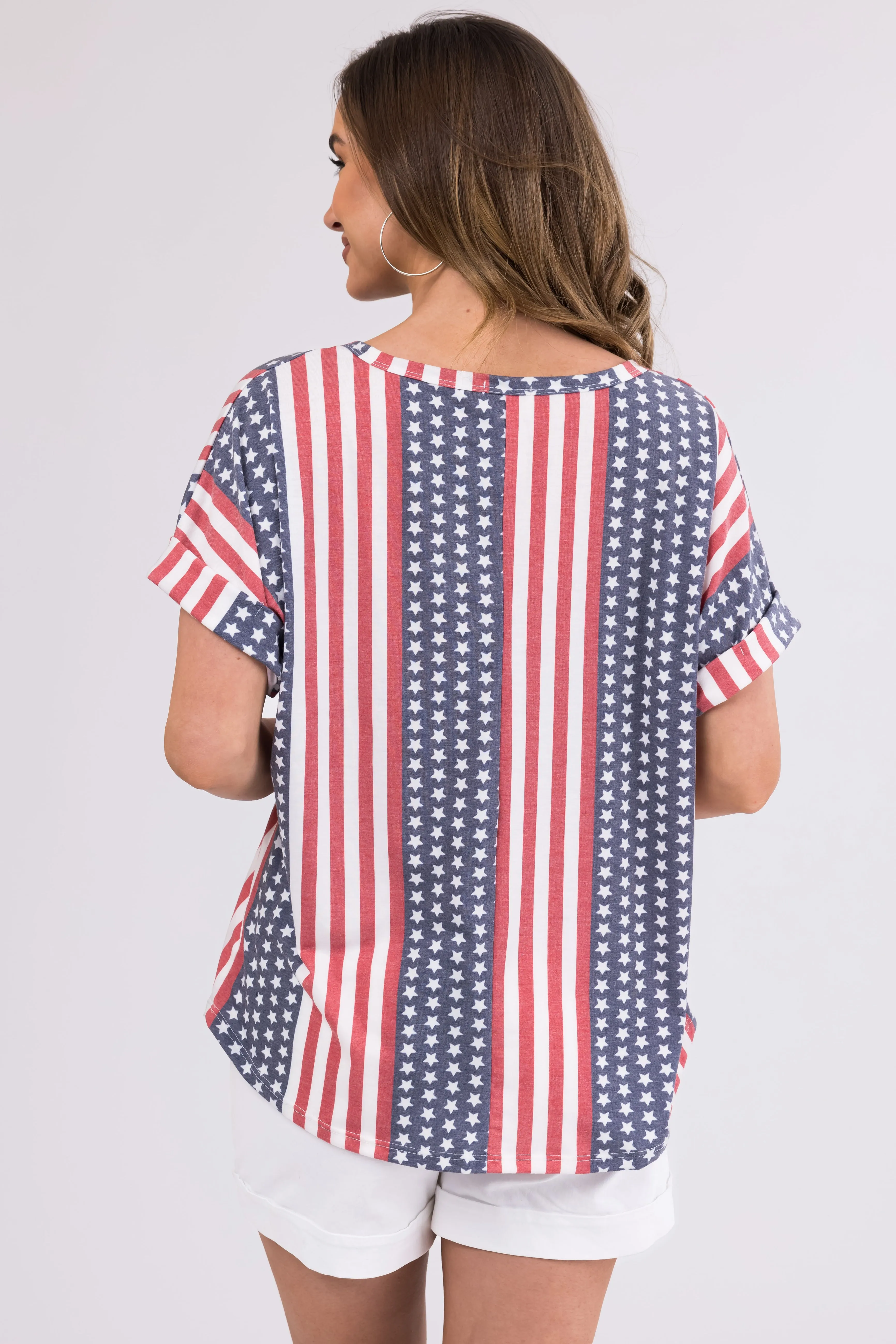 Faded Stars and Stripes V Neck Cuffed Tee Shirt sold by Lime Lush product image thumbnail 4