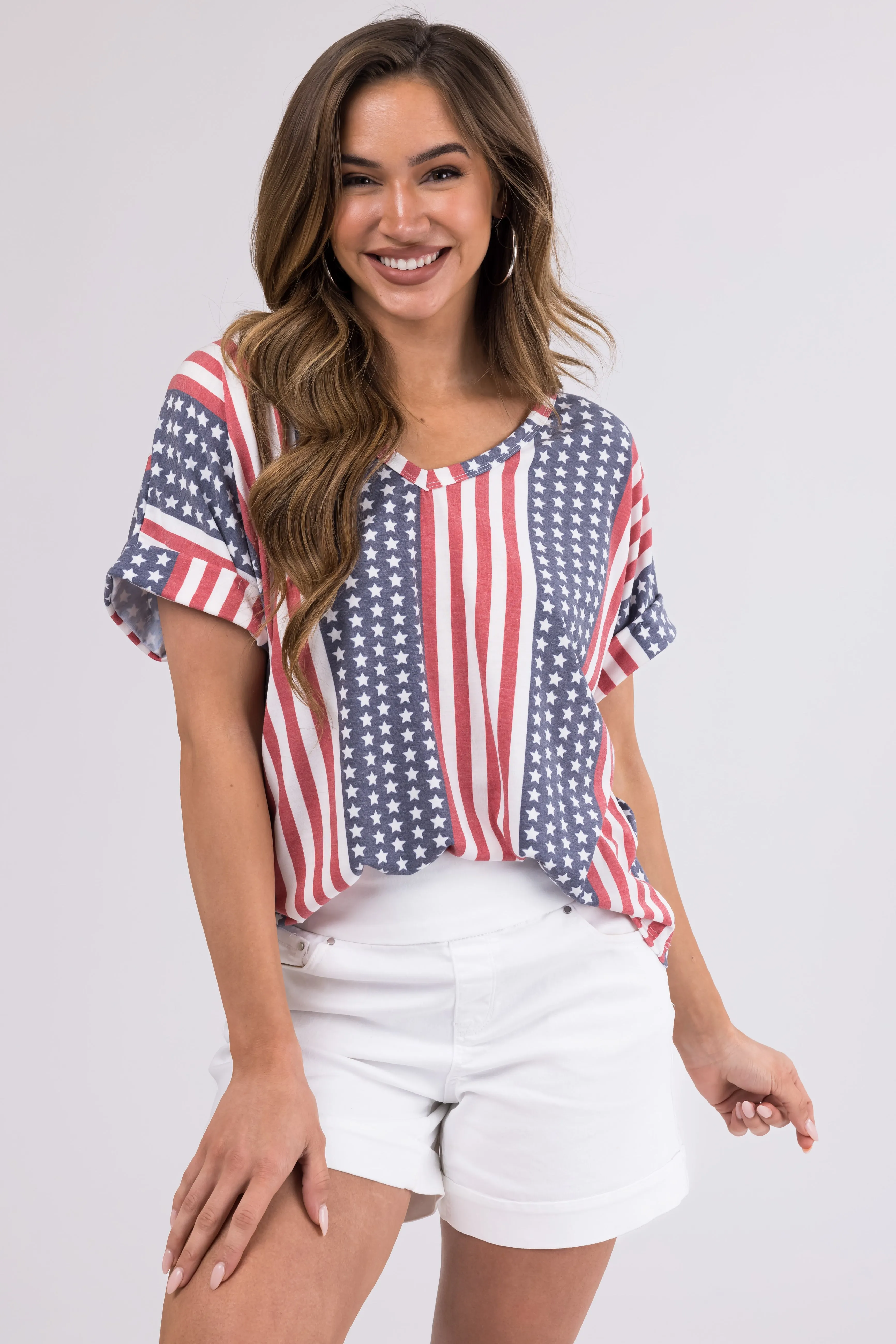 Faded Stars and Stripes V Neck Cuffed Tee Shirt sold by Lime Lush