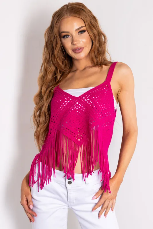 Fuchsia Solid Crochet Fringe Tank Top sold by Lime Lush