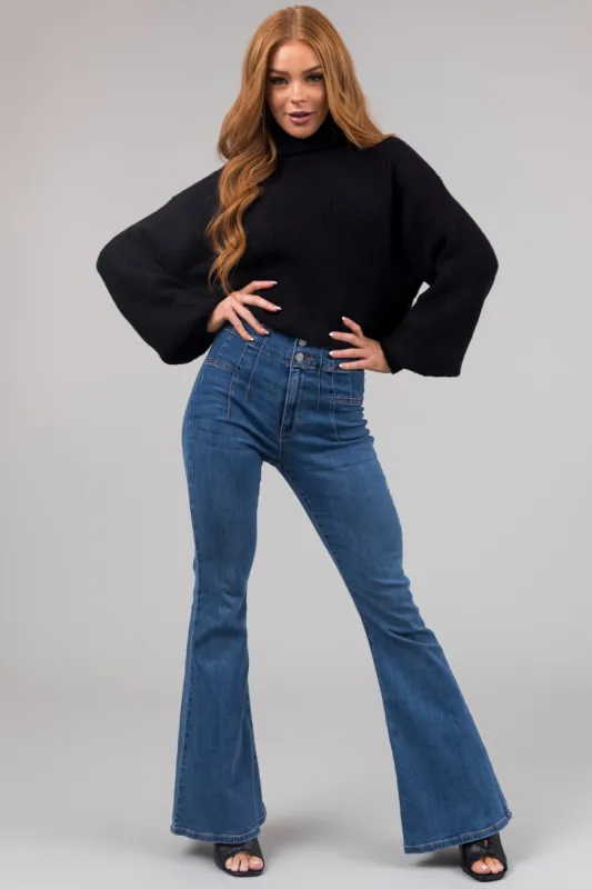 Sneak Peek Medium High Rise Double Button Flare Leg Jeans sold by Lime Lush