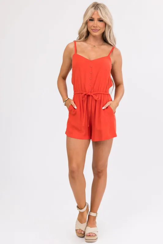 Poppy Red Waist Tie Sleeveless Romper sold by Lime Lush