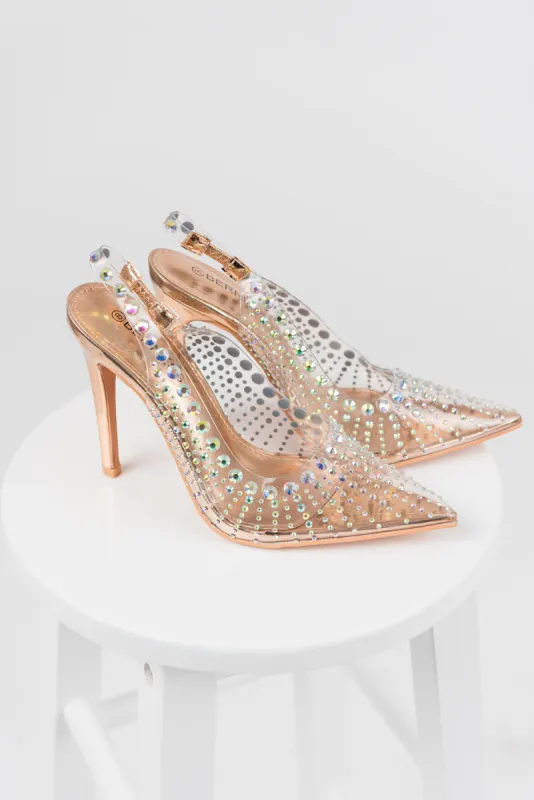 Rose Gold Rhinestone Closed Pointed Toe Heels sold by Lime Lush