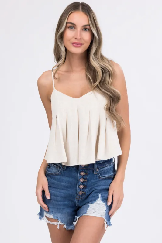 Oatmeal Pleated Linen Flounce Cami Top sold by Lime Lush