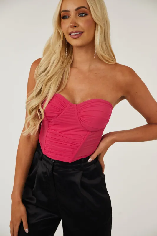 Hot Pink Mesh Strapless Corset Crop Top sold by Lime Lush