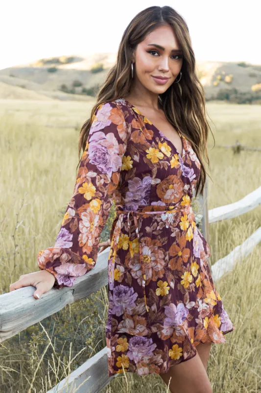 Wine Floral Print Wrap Short Dress sold by Lime Lush