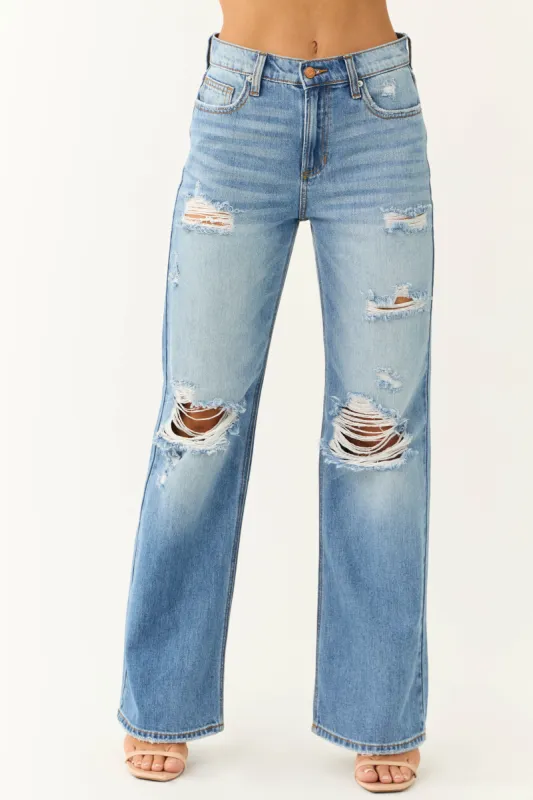 Sneak Peek Medium Wash Distressed Wide Jeans sold by Lime Lush