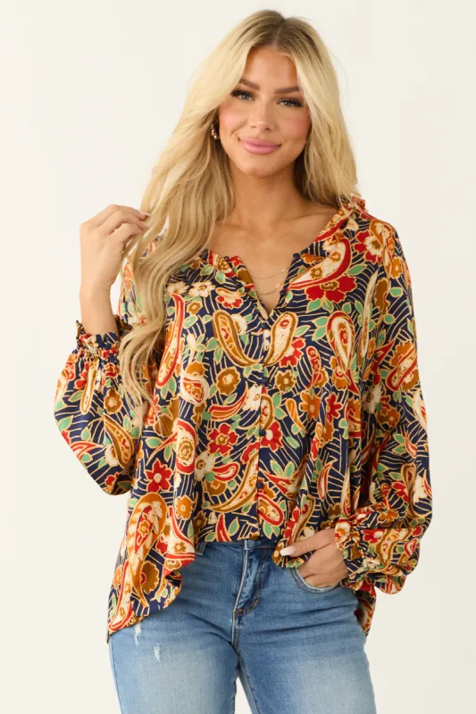 Navy Floral Paisley Print Button Down Satin Blouse sold by Lime Lush