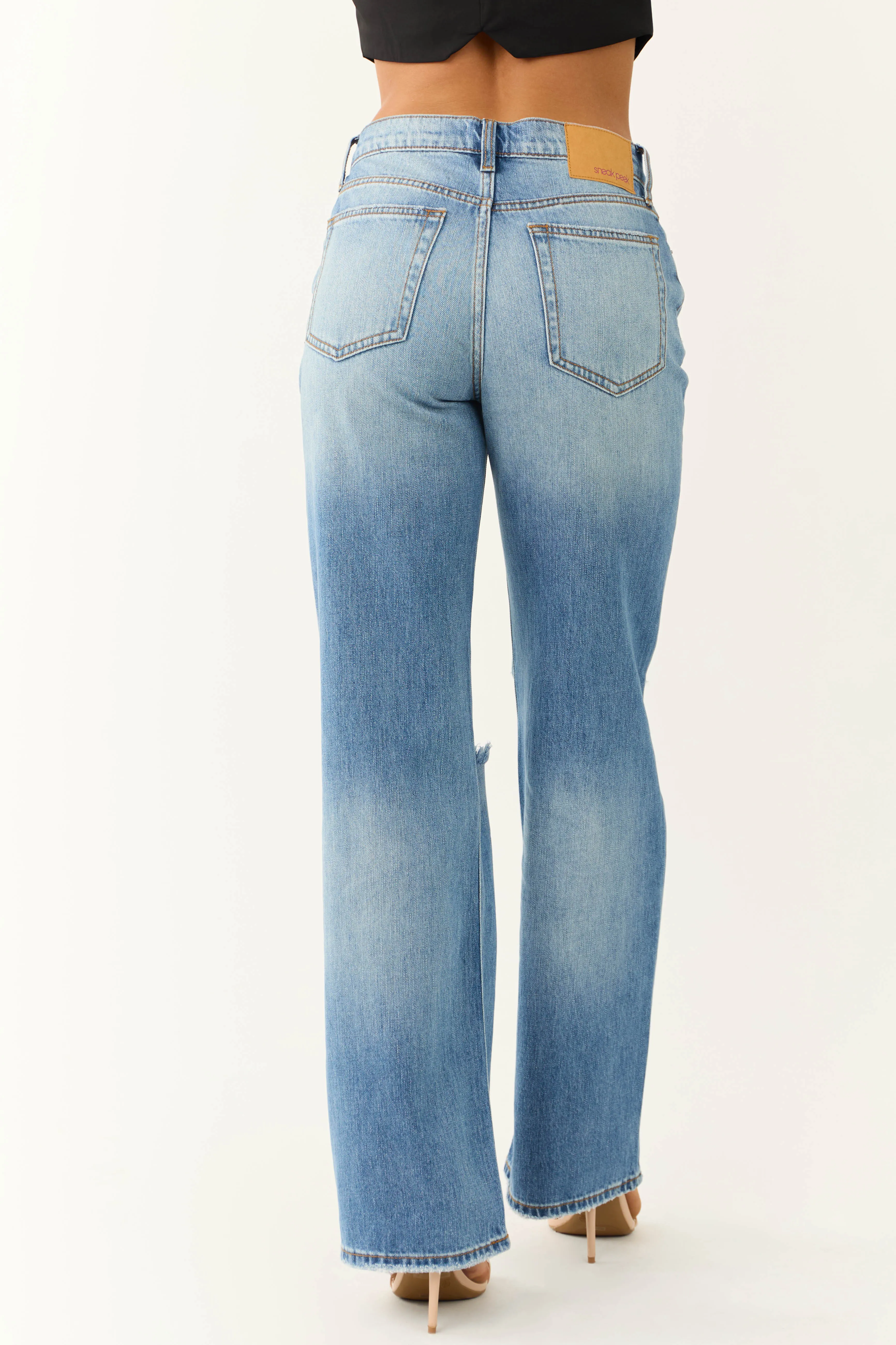 Sneak Peek Medium Wash Distressed Wide Jeans sold by Lime Lush product image thumbnail 4
