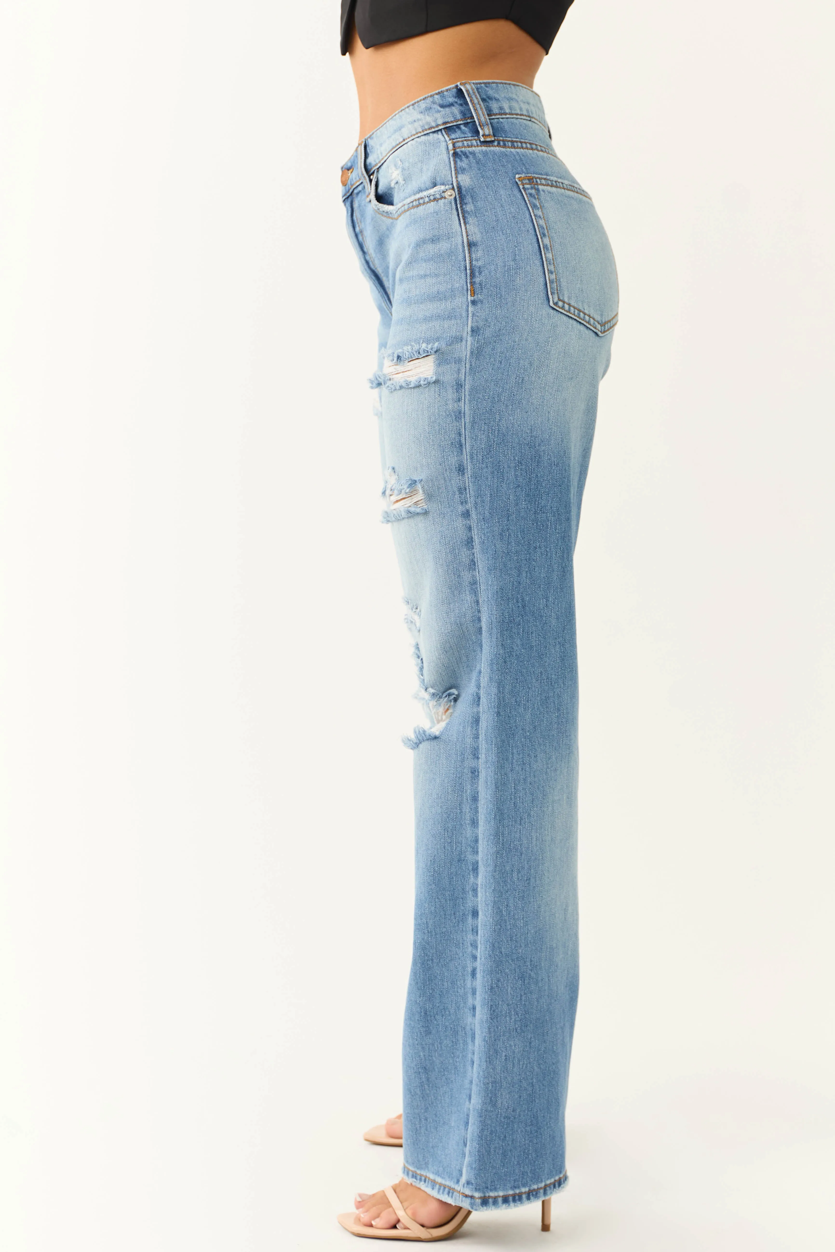 Sneak Peek Medium Wash Distressed Wide Jeans sold by Lime Lush product image thumbnail 3
