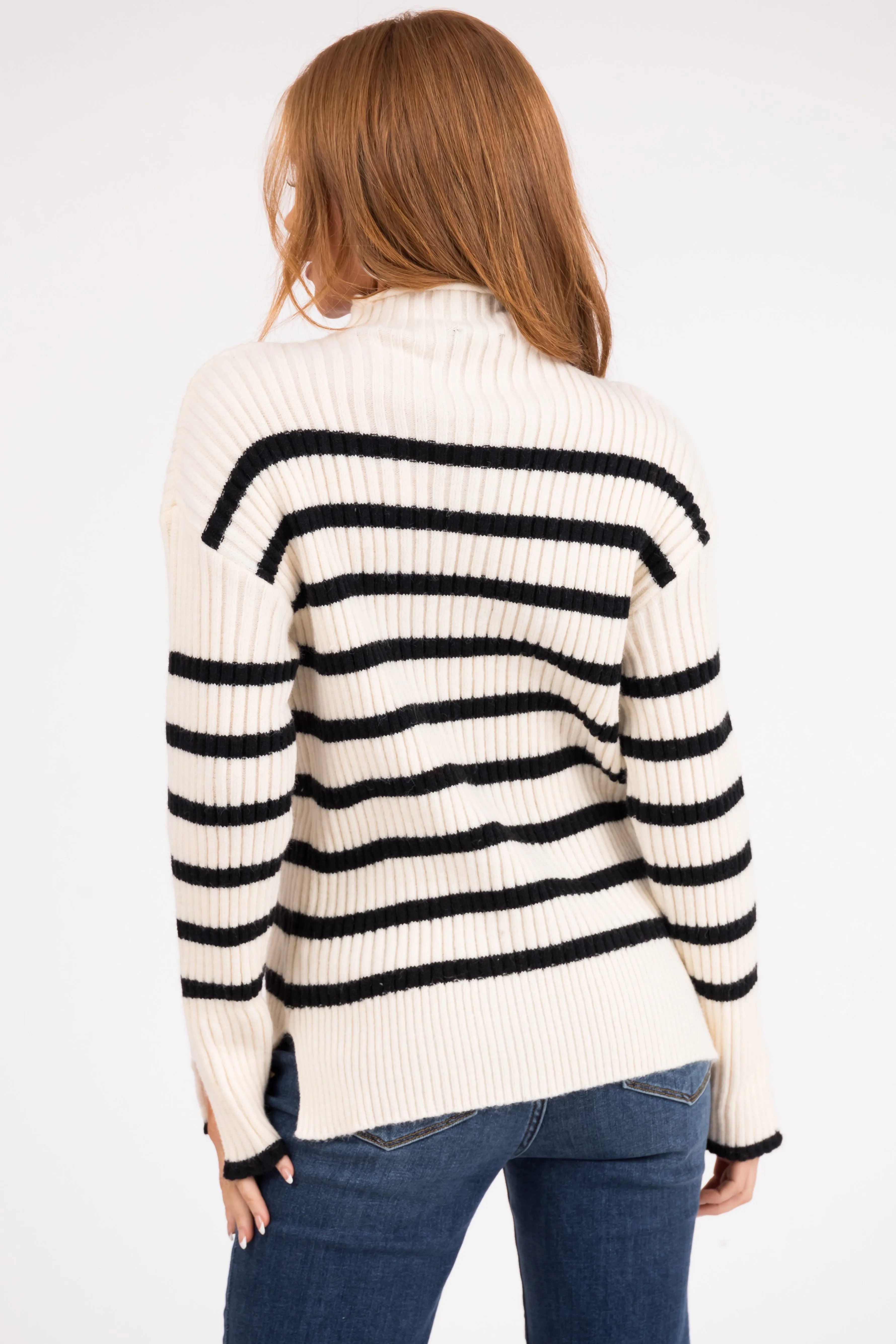 Cream and Black Striped Mock Neck Ribbed Sweater sold by Lime Lush product image thumbnail 5