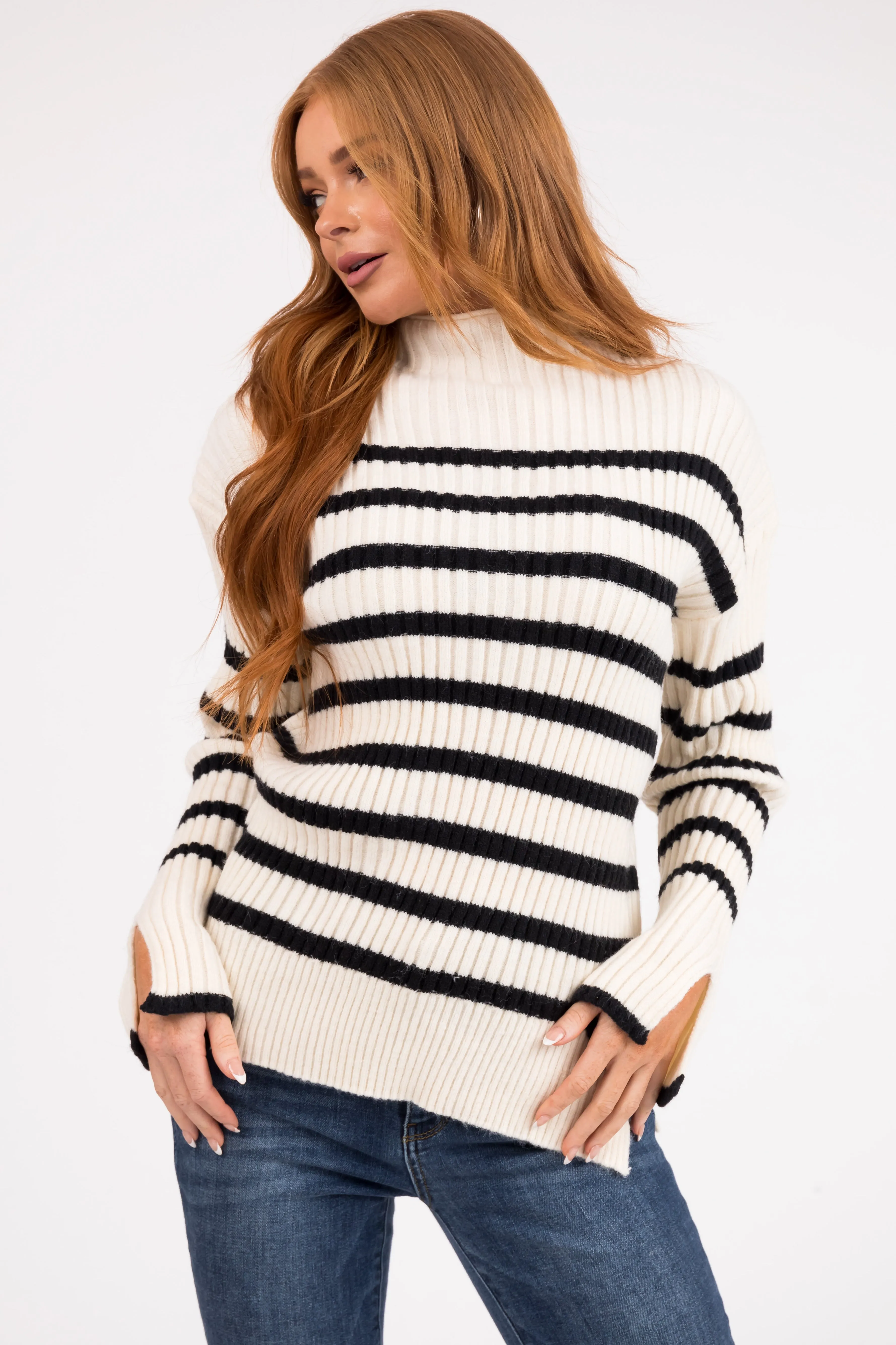 Cream and Black Striped Mock Neck Ribbed Sweater sold by Lime Lush product image thumbnail 2