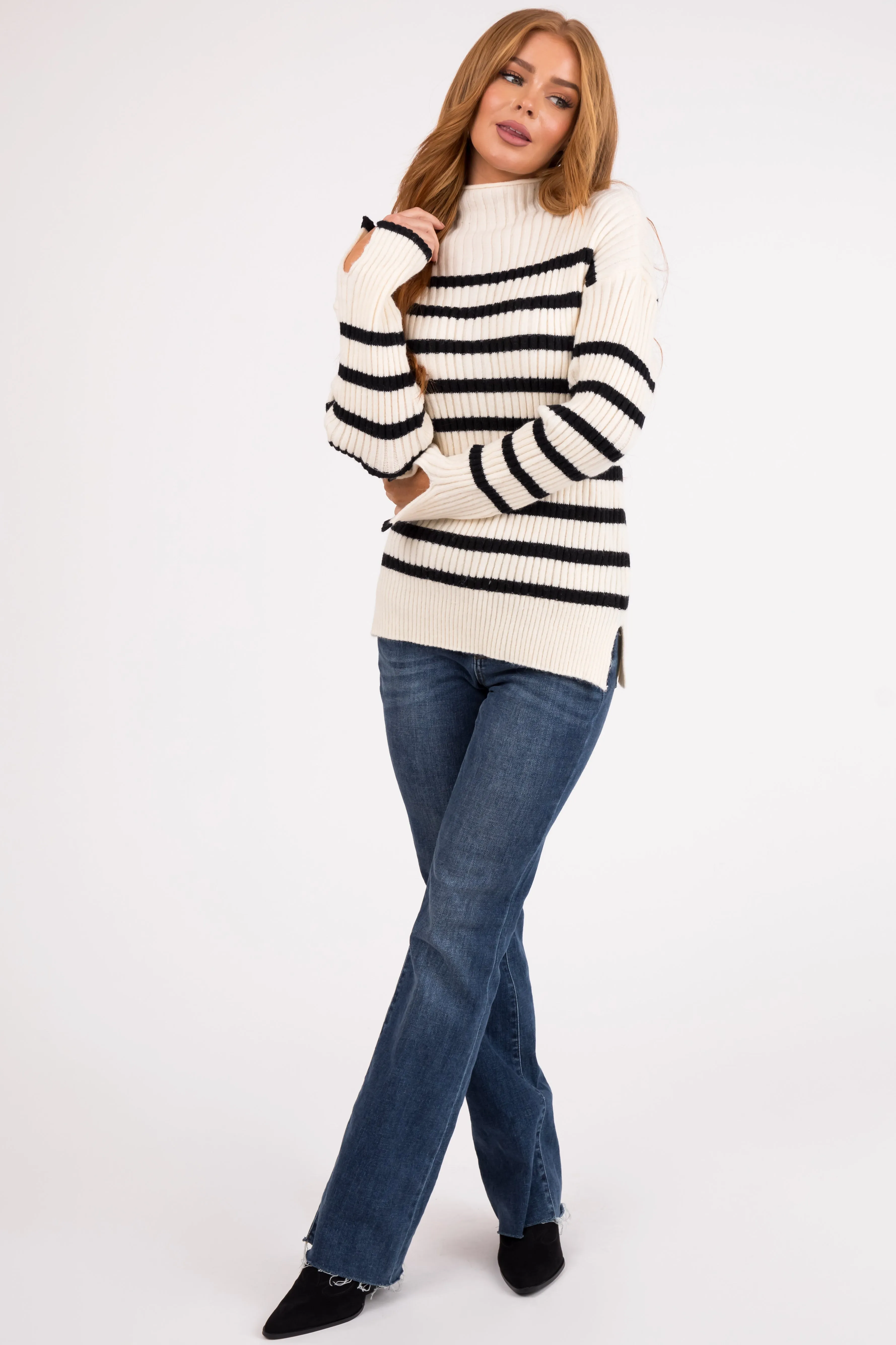 Cream and Black Striped Mock Neck Ribbed Sweater sold by Lime Lush product image thumbnail 3