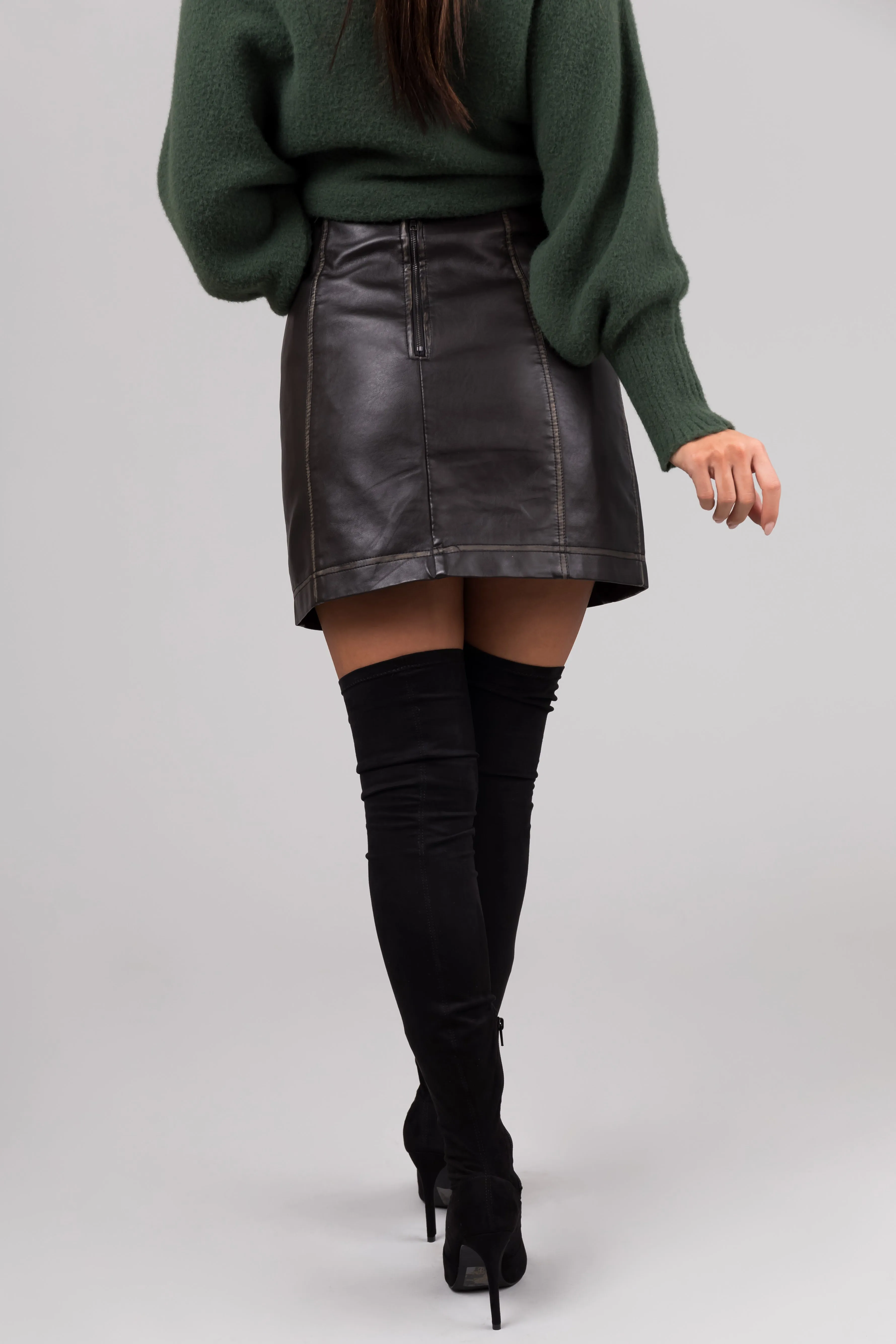 She+Sky Washed Black Faux Leather Mini Skirt sold by Lime Lush product image thumbnail 5
