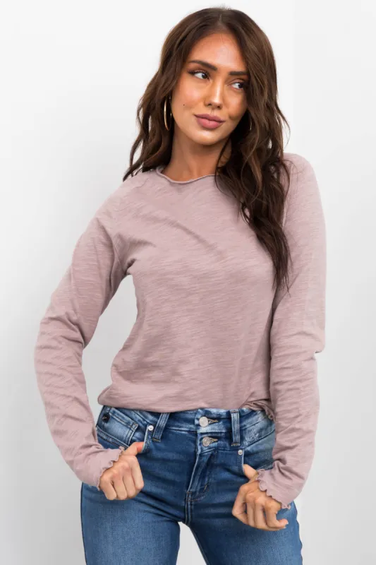 Heathered Mauve Lettuce Trim Long Sleeve Top sold by Lime Lush