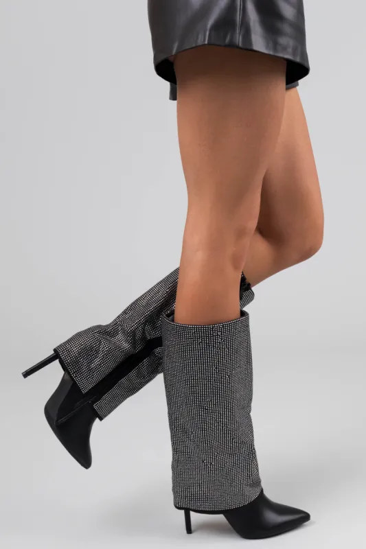 Black Rhinestone Fold Over Pointed Toe Boots sold by Lime Lush