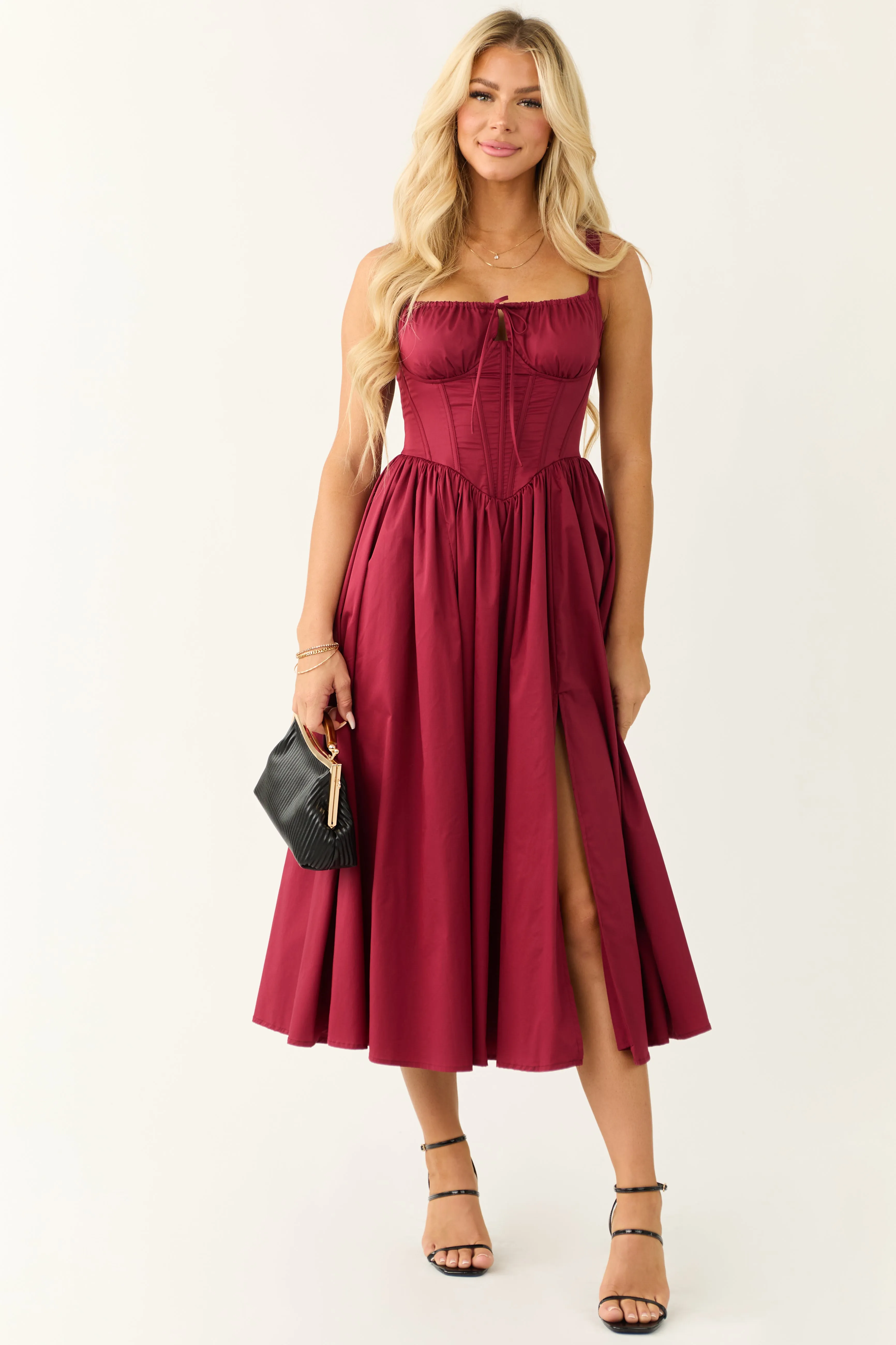 Wine Corset Sleeveless Front Slit Midi Dress sold by Lime Lush product image thumbnail 4
