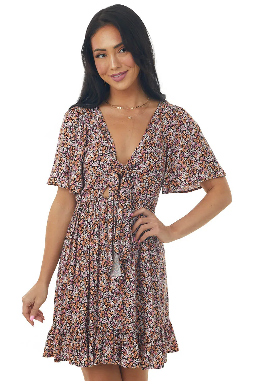 Peach Ditsy Floral Front Tie Ruffle Mini Dress sold by Lime Lush product image thumbnail 3