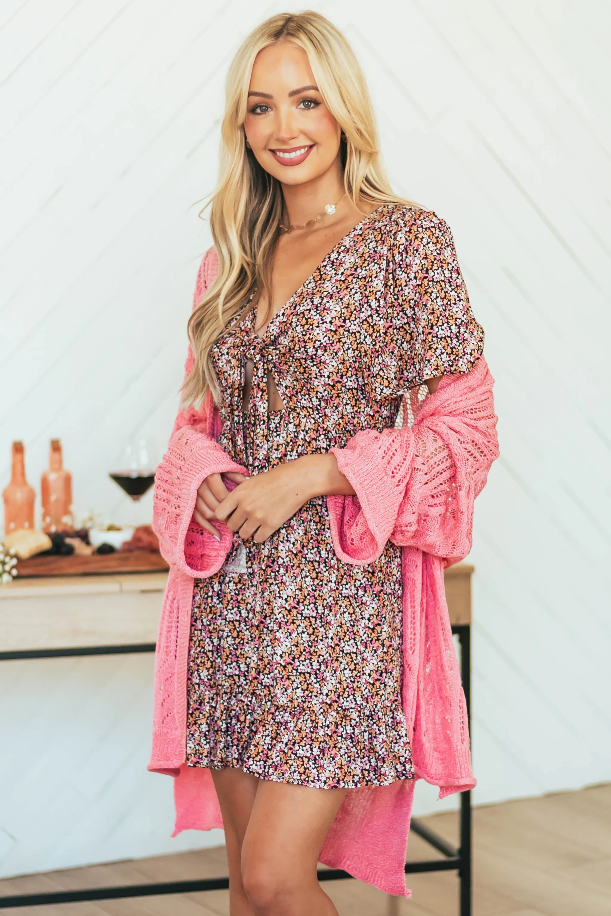 Peach Ditsy Floral Front Tie Ruffle Mini Dress sold by Lime Lush product image thumbnail 2