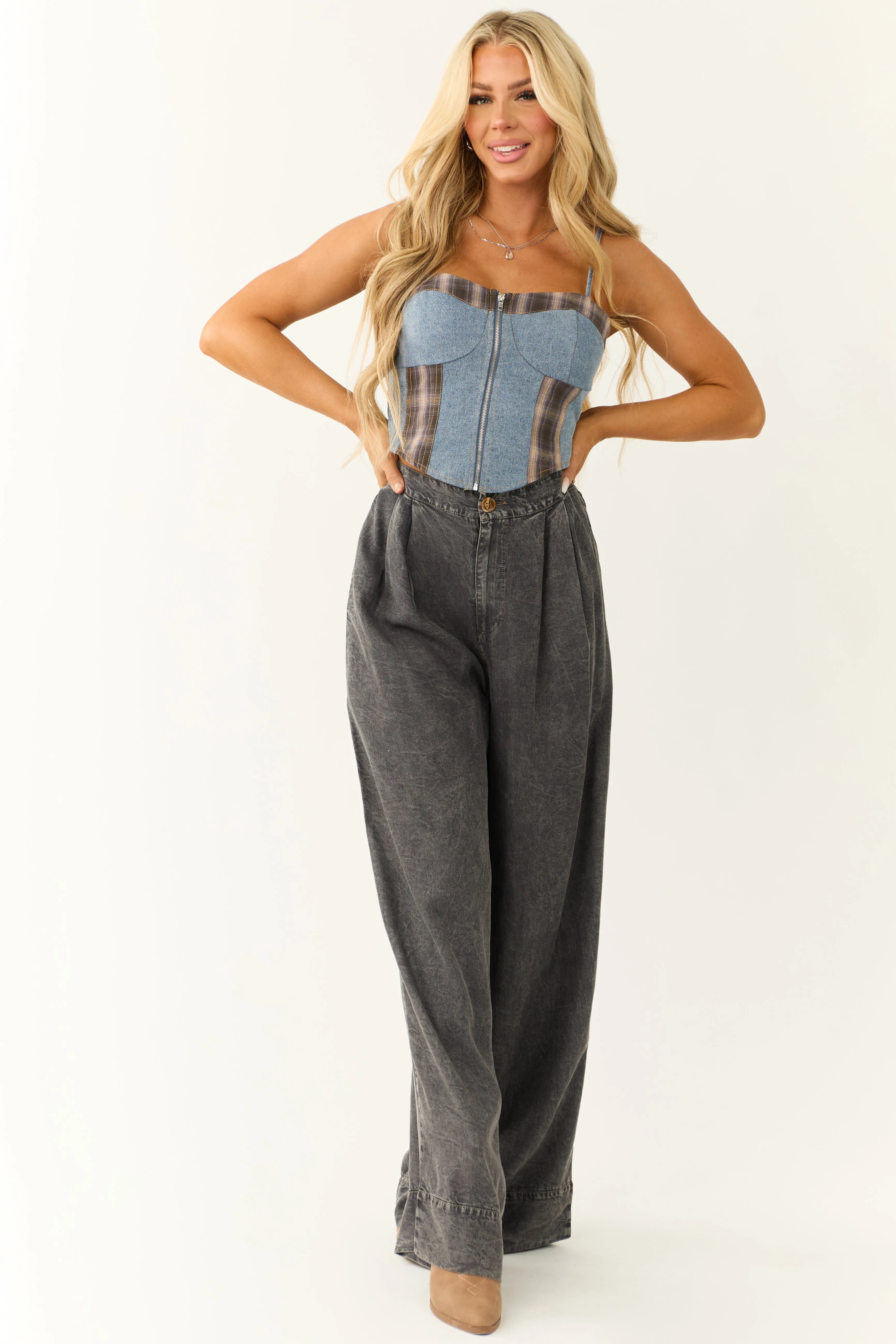 Medium Wash Denim Plaid Contrast Corset Top sold by Lime Lush product image thumbnail 3