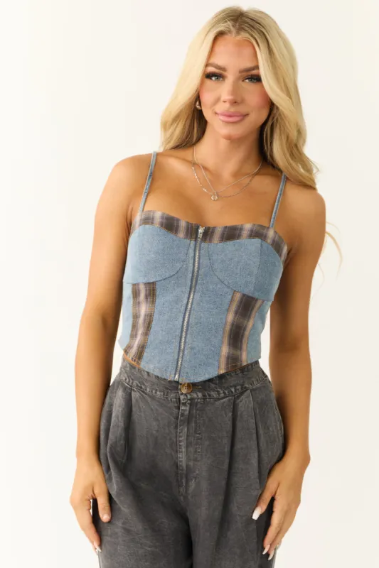 Medium Wash Denim Plaid Contrast Corset Top made by Blue Blush