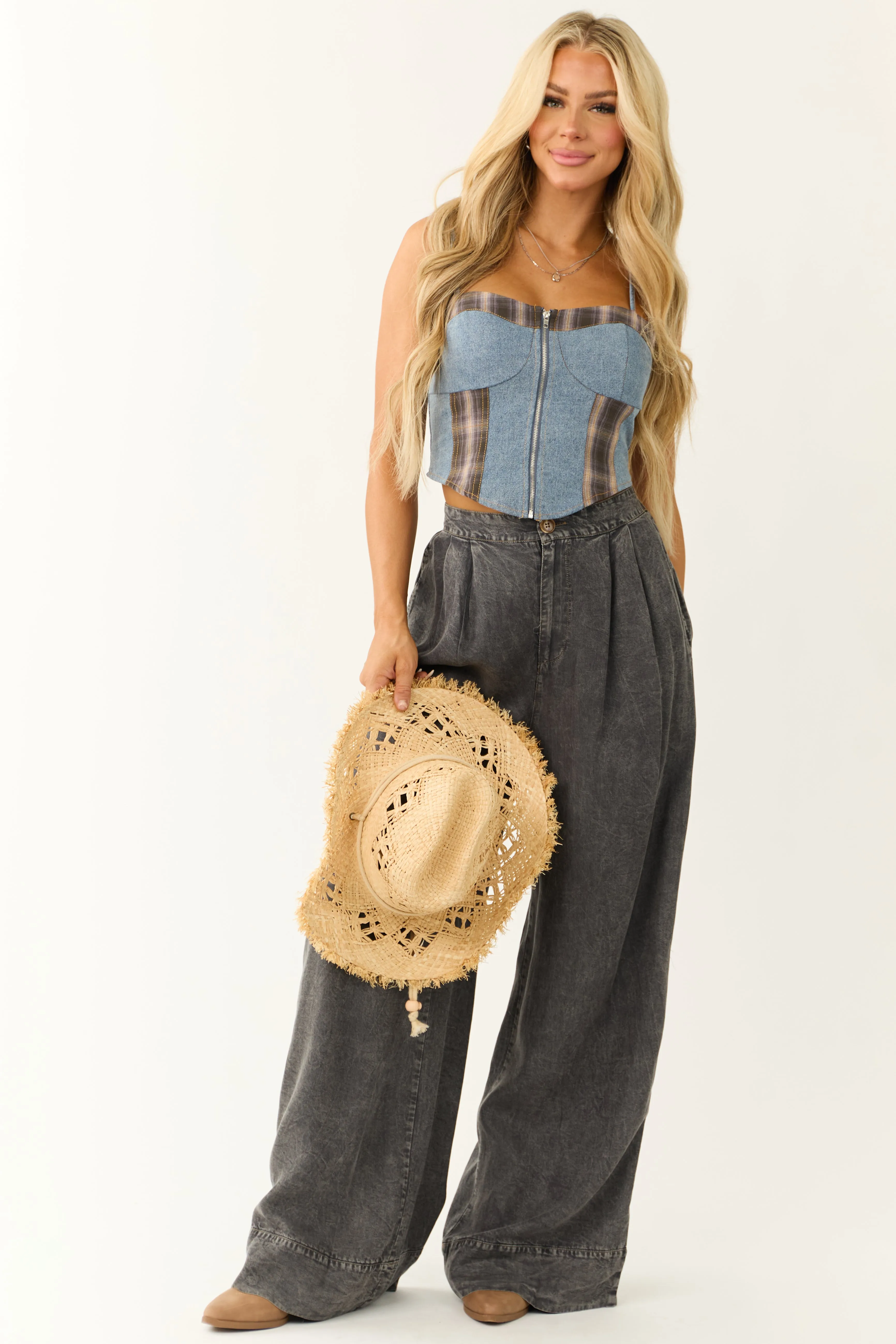 Medium Wash Denim Plaid Contrast Corset Top sold by Lime Lush product image thumbnail 4
