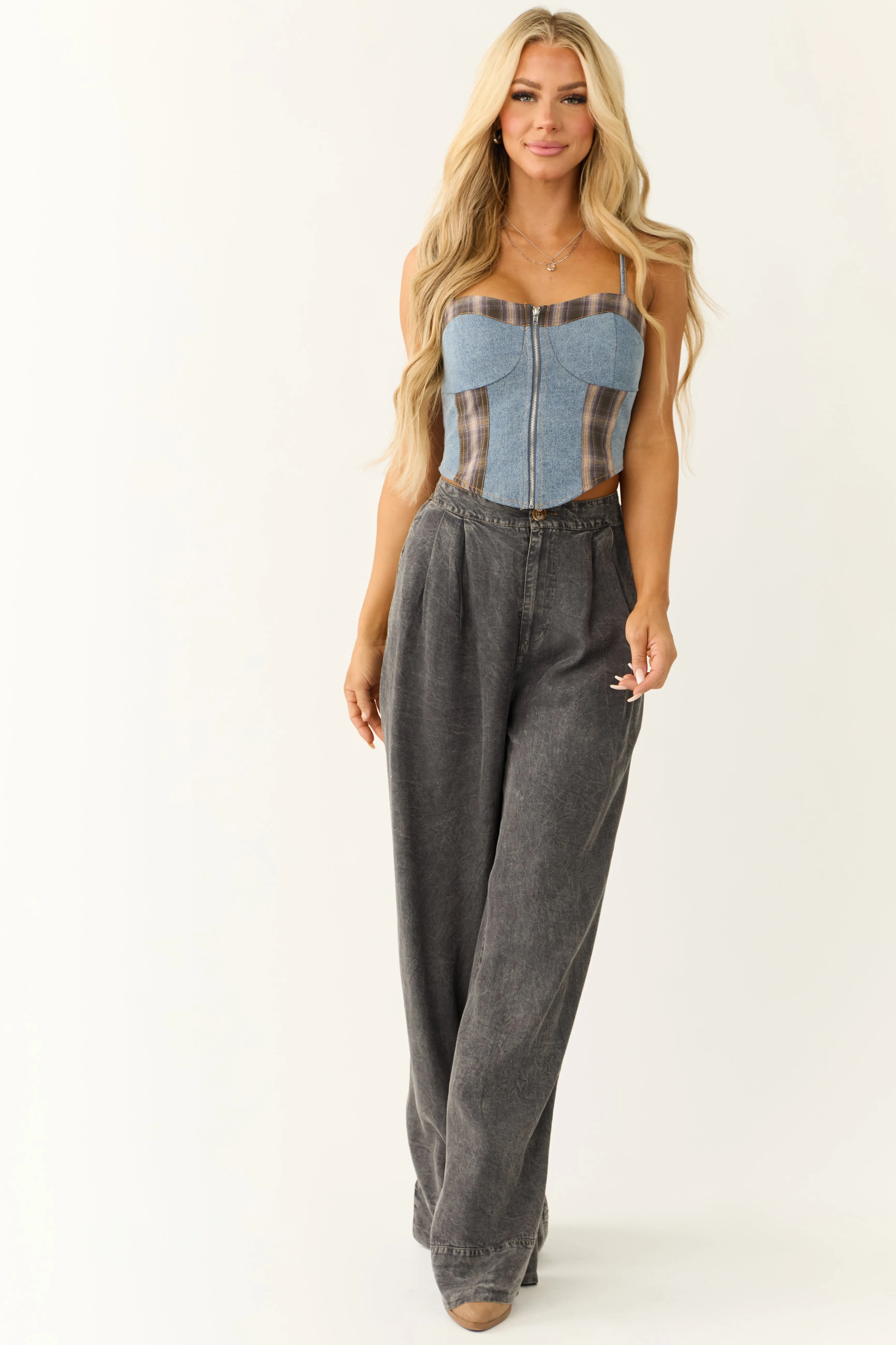 Medium Wash Denim Plaid Contrast Corset Top sold by Lime Lush product image thumbnail 2