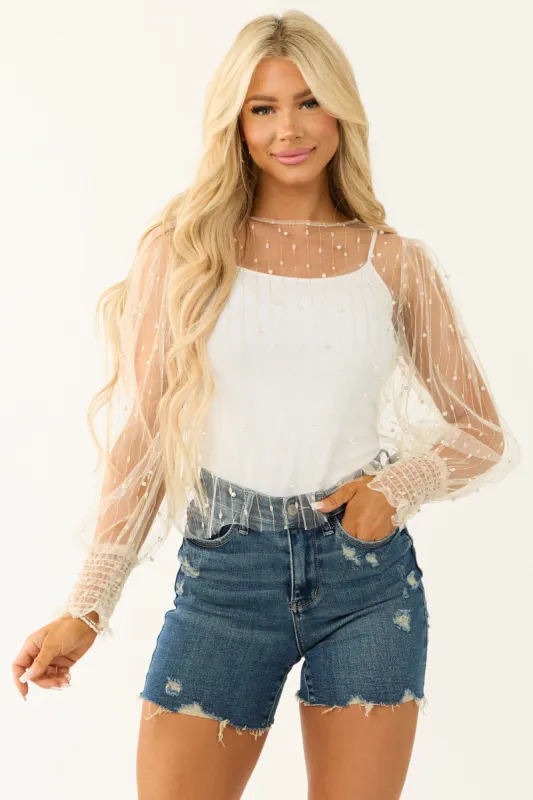 Vanilla Pearl Detail Metallic Stripe Mesh Top sold by Lime Lush