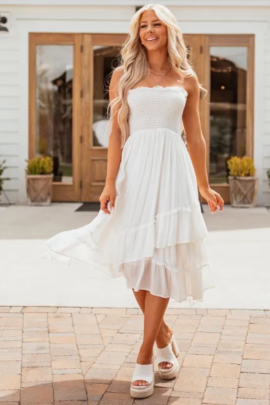 Off White Strapless Ruffle Tiered Midi Dress sold by Lime Lush