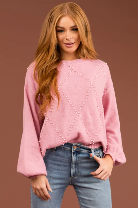 Ellie Hazy Mauve Diamond Pattern Pearl Beaded Sweater sold by Lime Lush