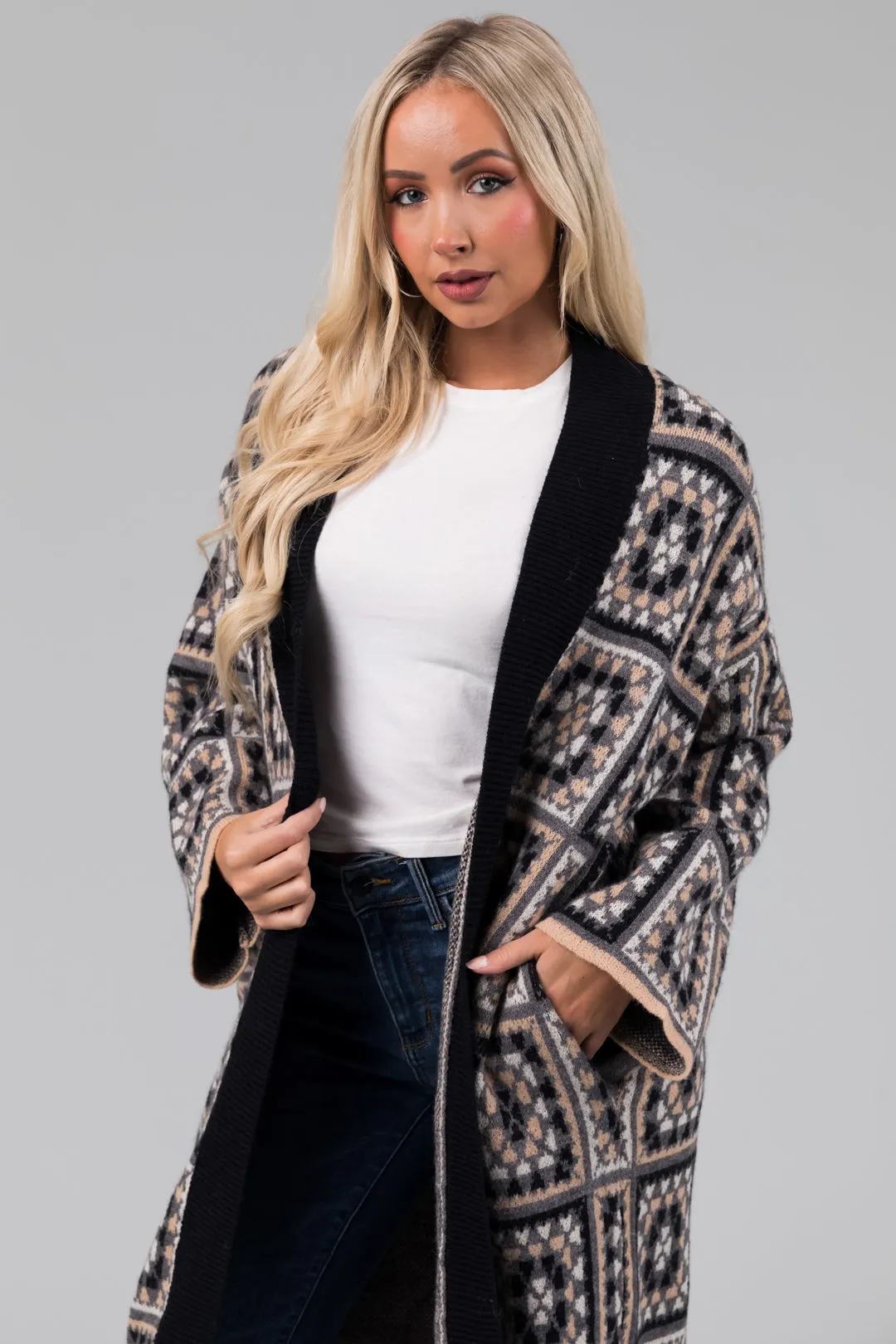 Black Square Pattern Long Open Cardigan sold by Lime Lush product image thumbnail 5