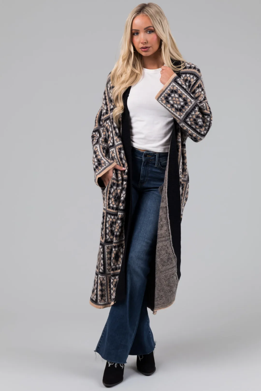 Black Square Pattern Long Open Cardigan sold by Lime Lush product image thumbnail 2