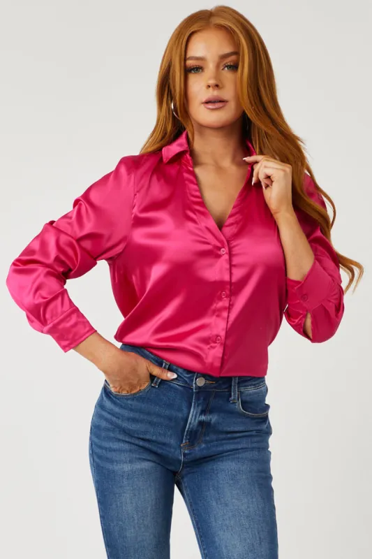 Hot Pink Satin V Neck Button Down Blouse sold by Lime Lush