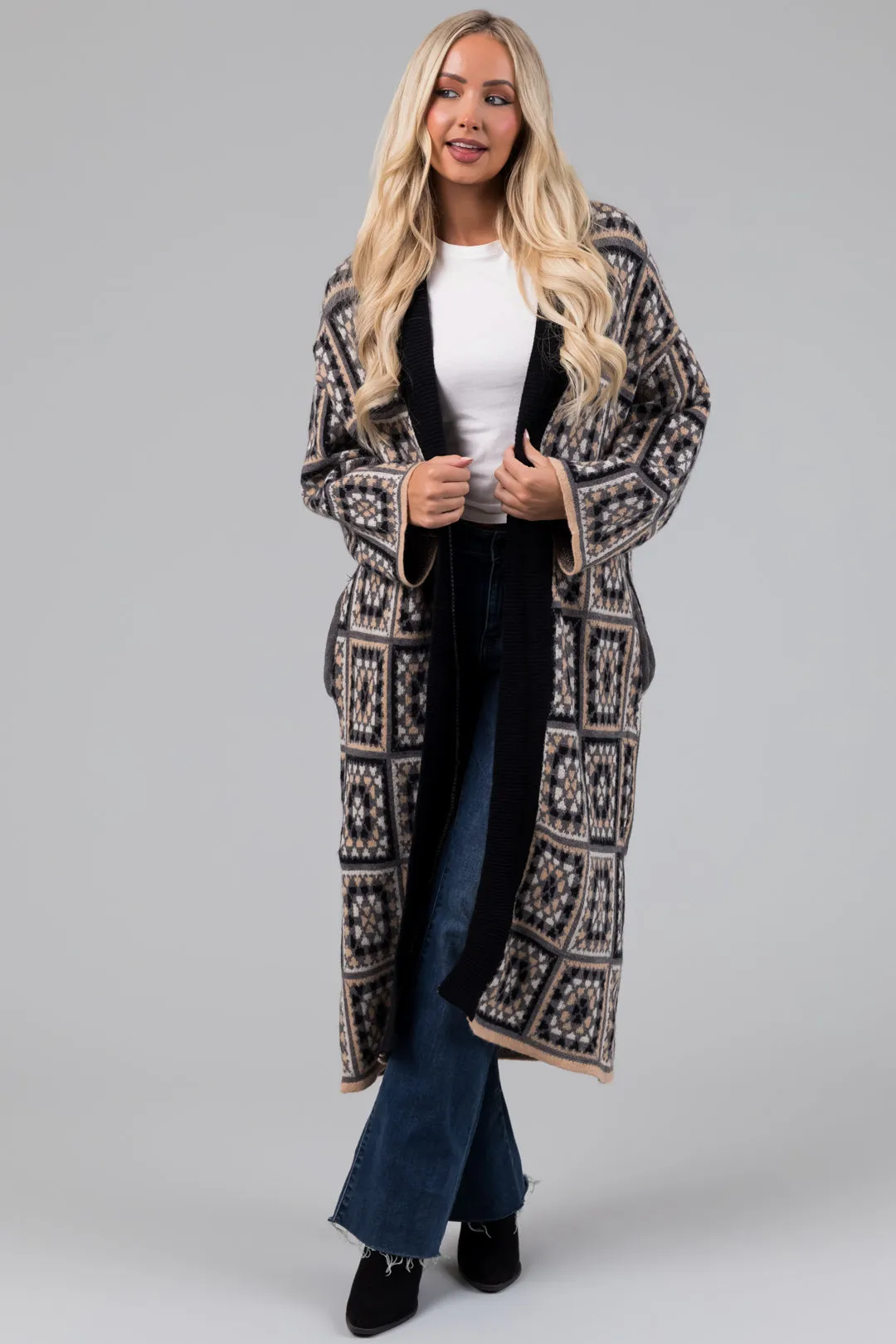 Black Square Pattern Long Open Cardigan sold by Lime Lush